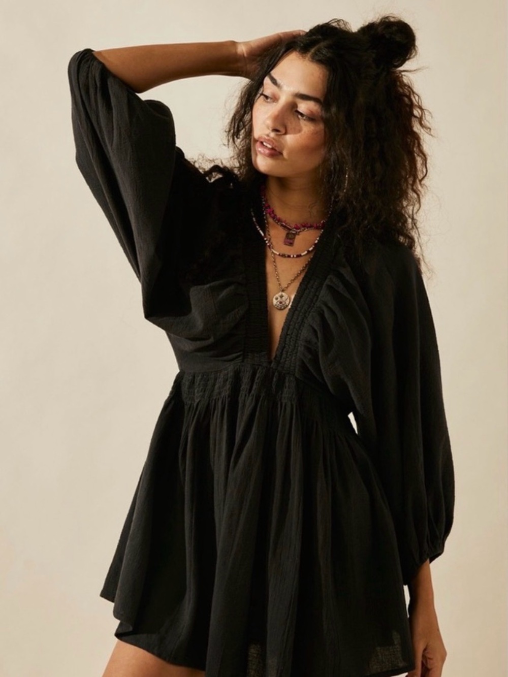Free People Black V-Neck Mini Dress with Balloon Sleeves